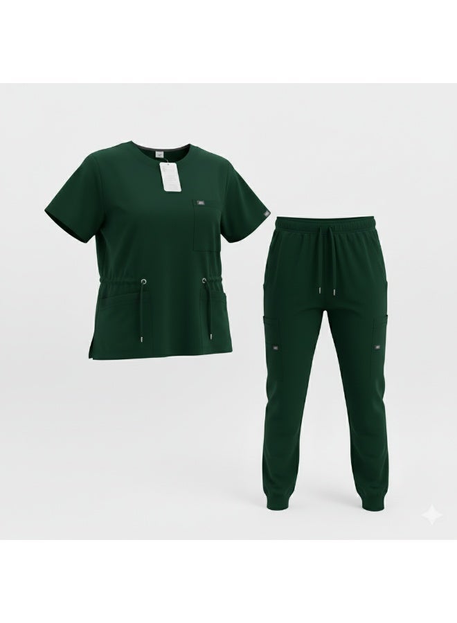 Dark green short-sleeve medical scrub suit, suitable for daily use in hospitals and clinics. Practical design made from comfortable fabric that allows easy movement and is simple to care for and clean. - Image 4